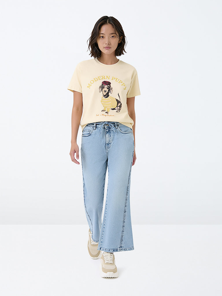 Girls Blue Faded High-Rise Bootcut Jeans with Belt