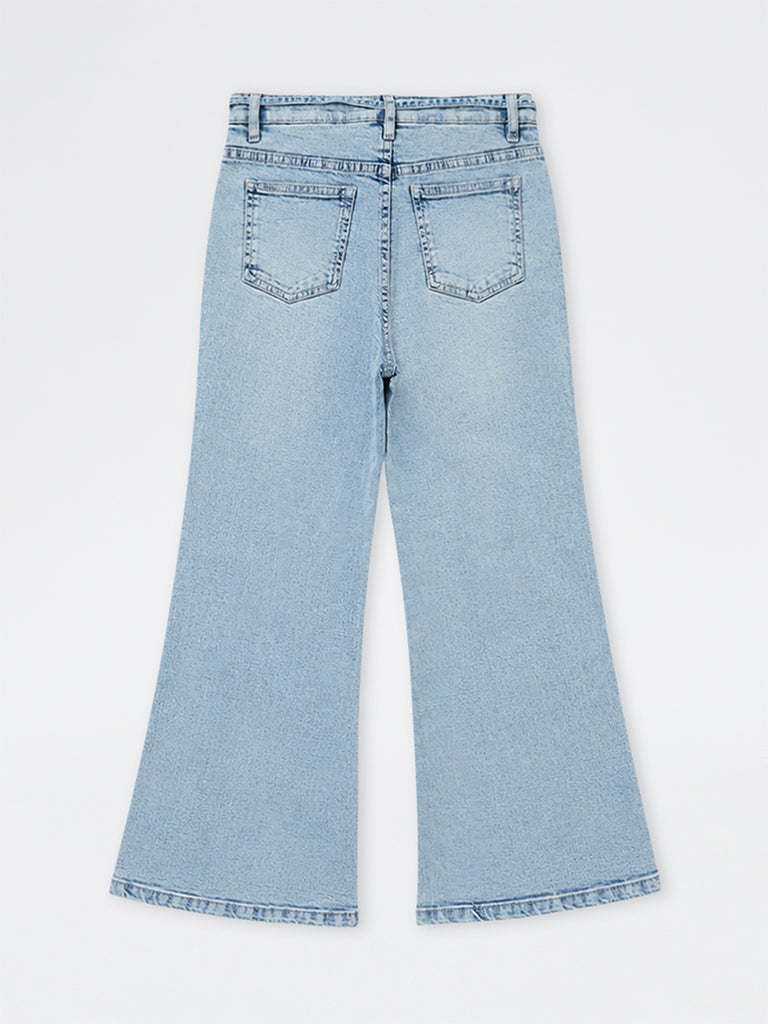 Girls Blue Faded High-Rise Bootcut Jeans with Belt
