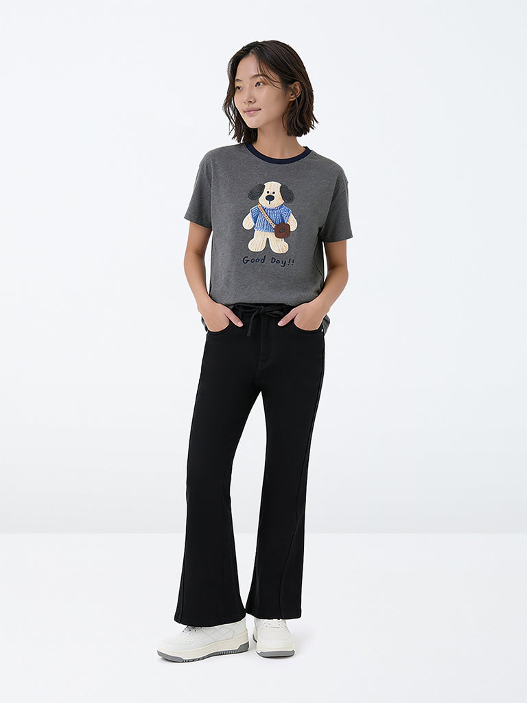 Girls Black High-Rise Flared Jeans with Belt