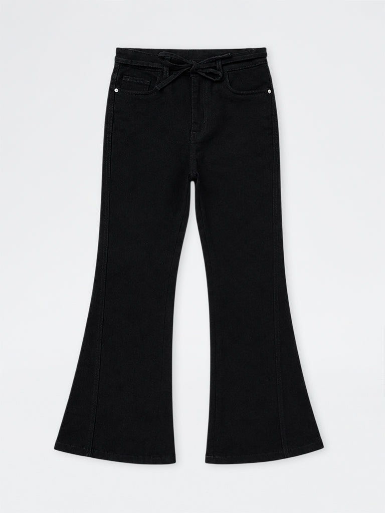 Girls Black High-Rise Flared Jeans with Belt