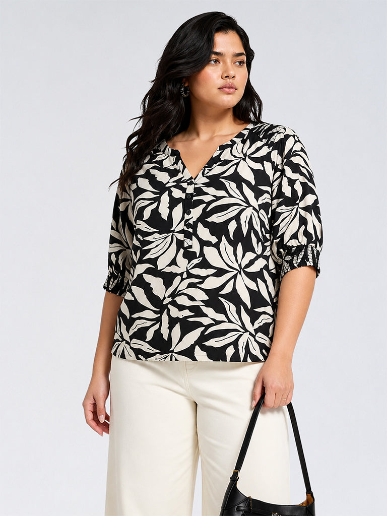 Gia Black and White Botanical Printed Blouse