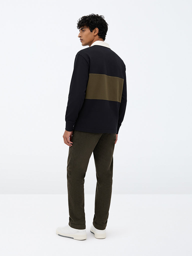 WES Casuals Dark Olive Corduroy Relaxed-Fit Mid-Rise Cotton-Blend Chinos