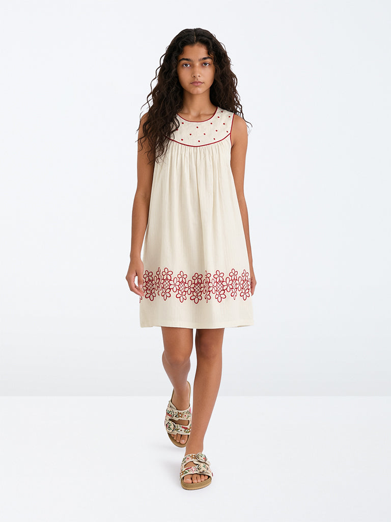 Utsa Kids Girls Off-White Floral Design Cotton A-Line Dress - (8-14 yrs)