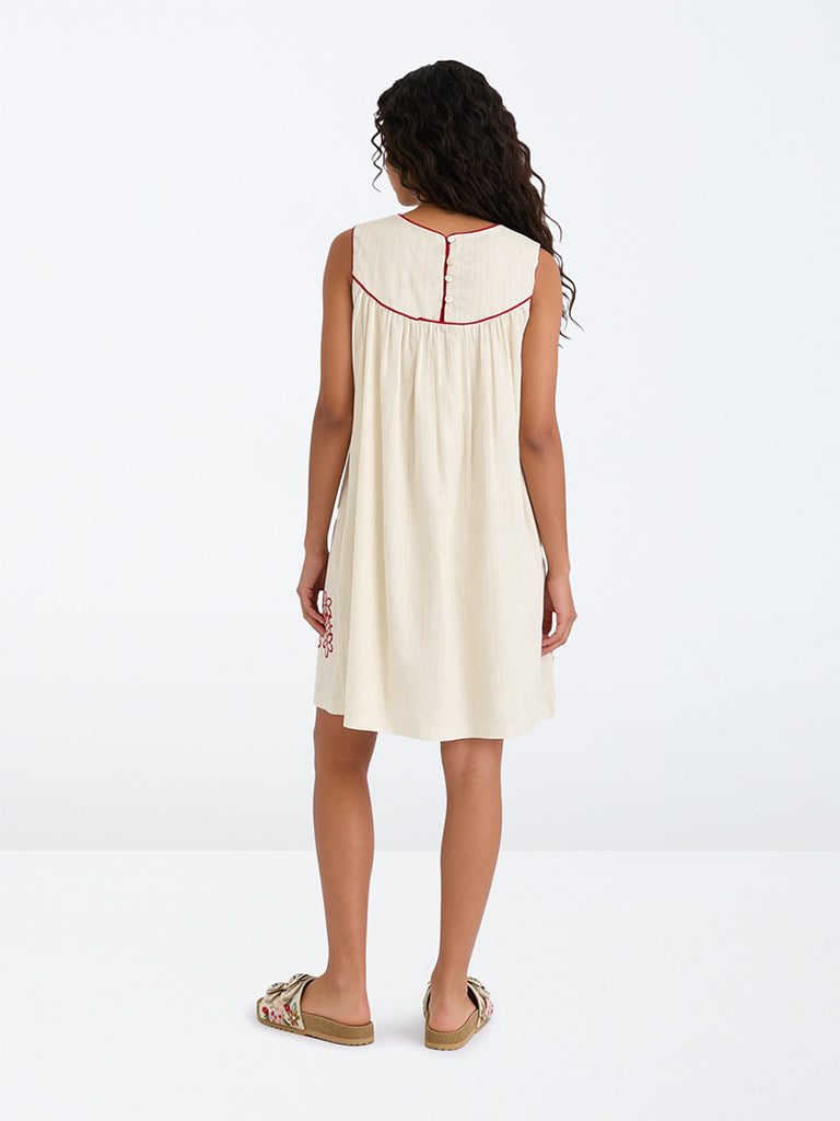 Utsa Kids Girls Off-White Floral Design Cotton A-Line Dress - (8-14 yrs)