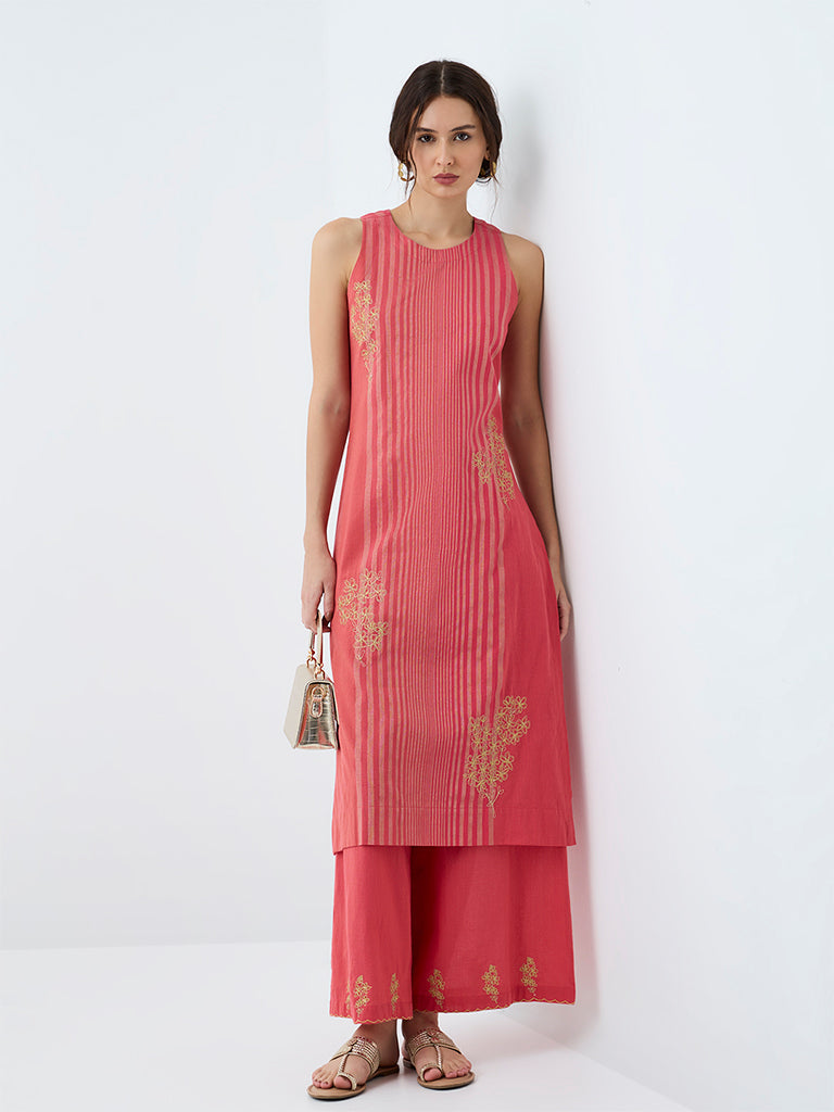 Utsa Coral Striped Cotton A-Line Kurta