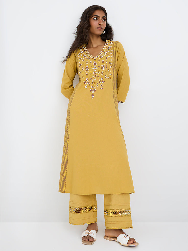 Utsa Mustard Geometric Embroidered Cotton A-Line Kurta