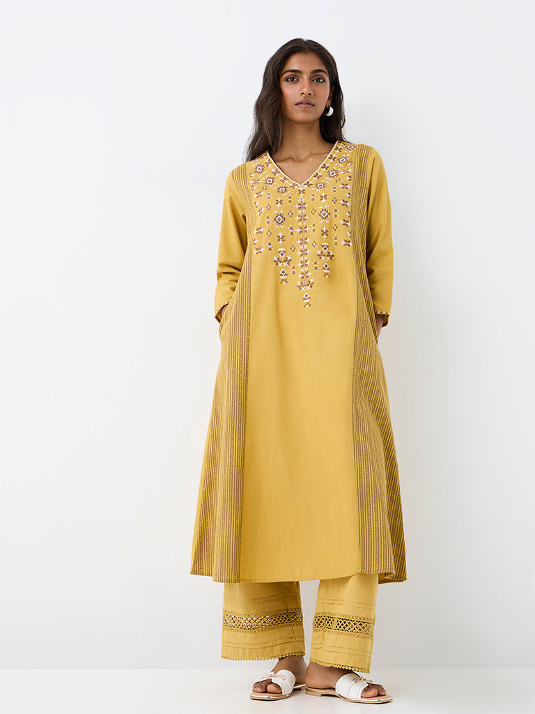Utsa Mustard Geometric Embroidered Cotton A-Line Kurta
