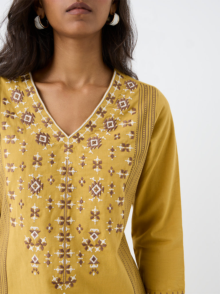 Utsa Mustard Geometric Embroidered Cotton A-Line Kurta