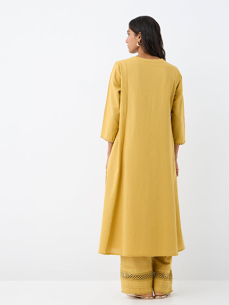Utsa Mustard Geometric Embroidered Cotton A-Line Kurta