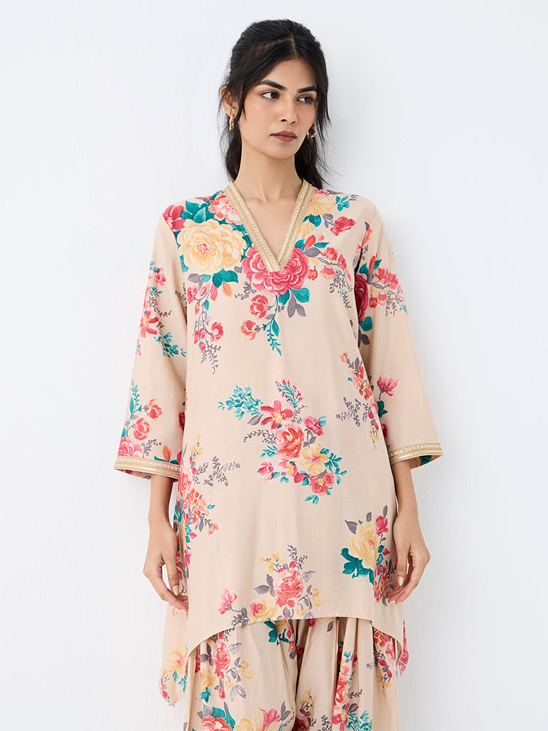 Utsa Light Beige Floral Pattern Kurti