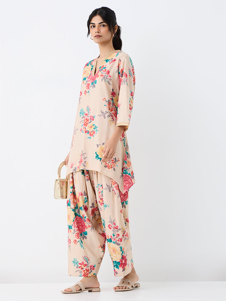 Utsa Light Beige Floral Pattern Kurti