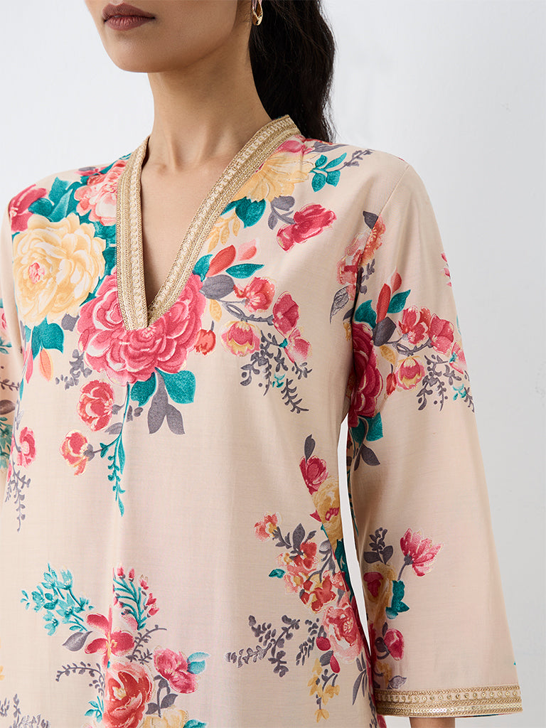 Utsa Light Beige Floral Pattern Kurti
