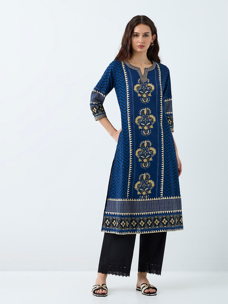 Utsa Indigo Floral Printed Cotton A-Line Kurta