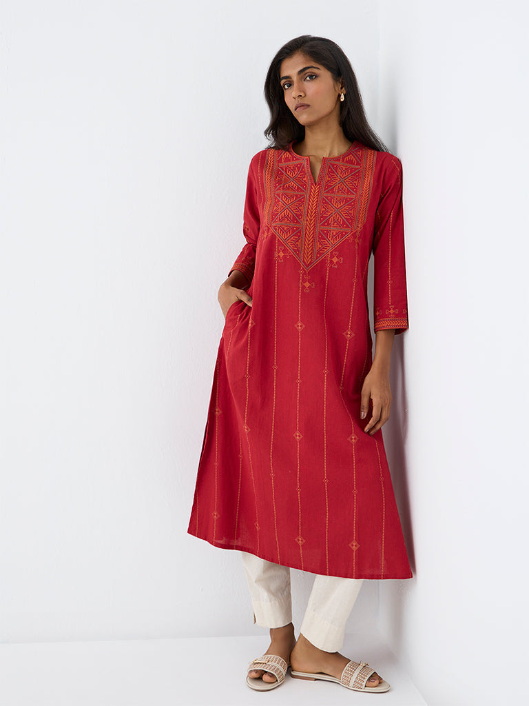 Utsa Red Geometric Embroidered Cotton-Blend A-Line Kurta