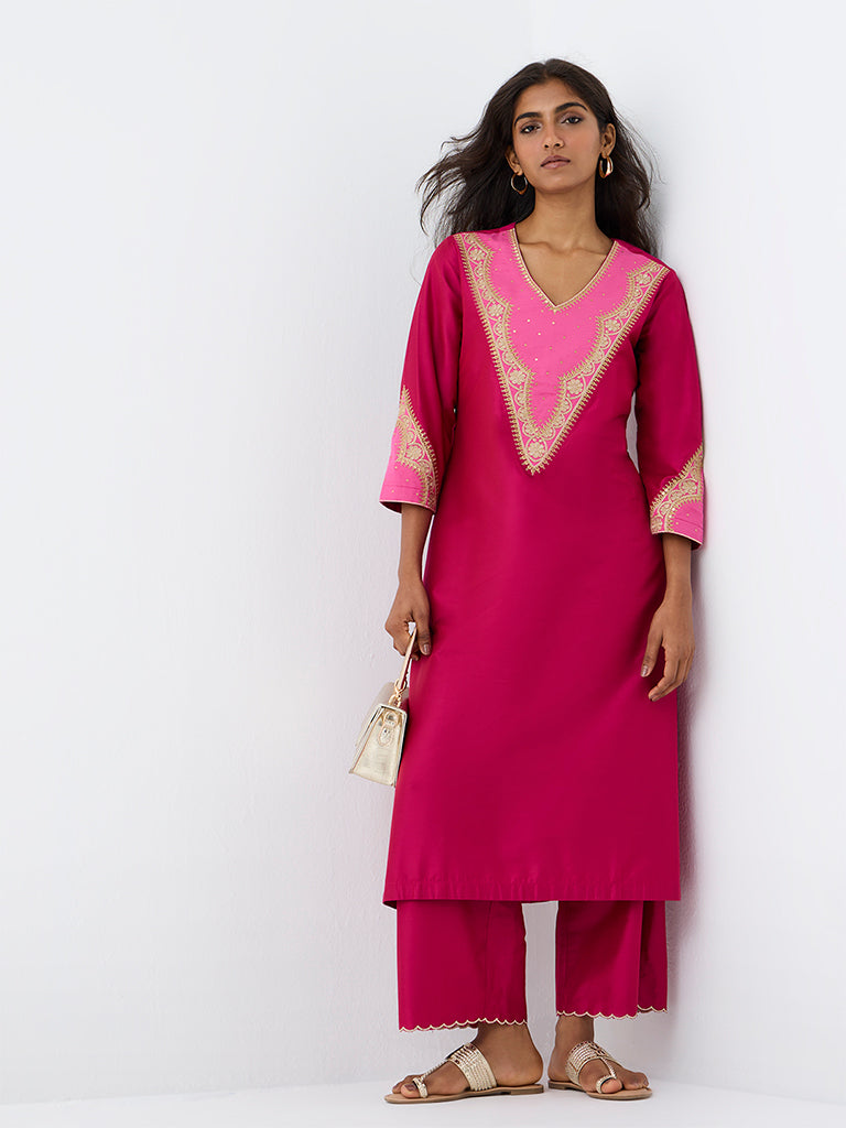 Utsa Fuchsia Zari Embroidered A-Line Kurta