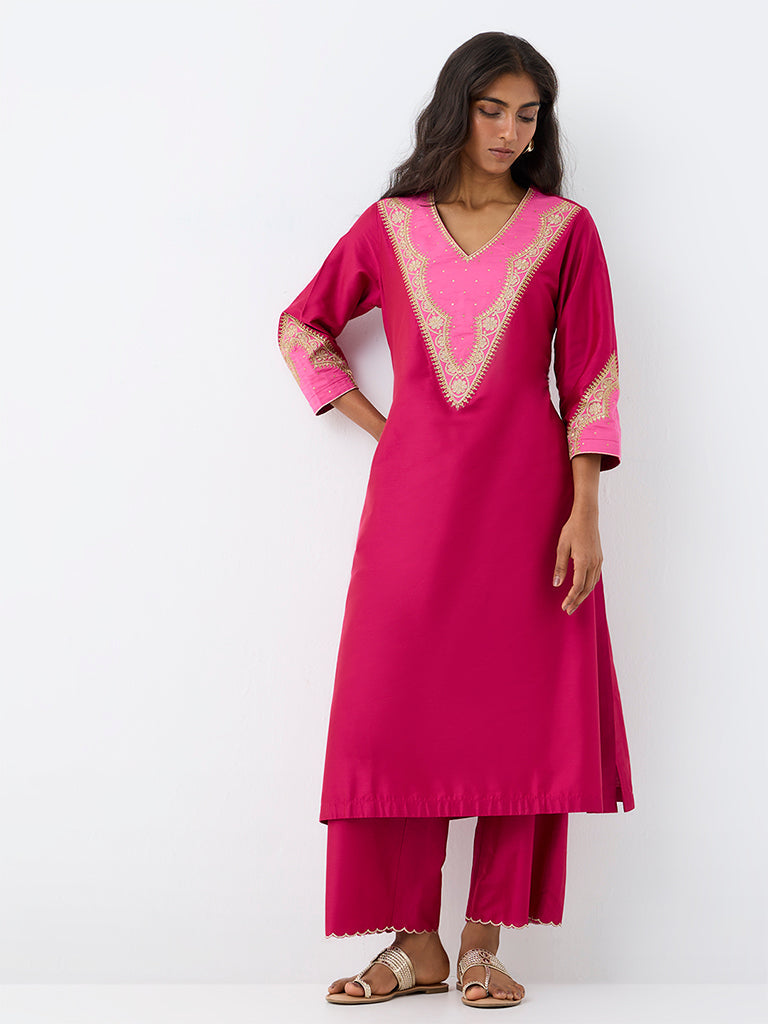 Utsa Fuchsia Zari Embroidered A-Line Kurta