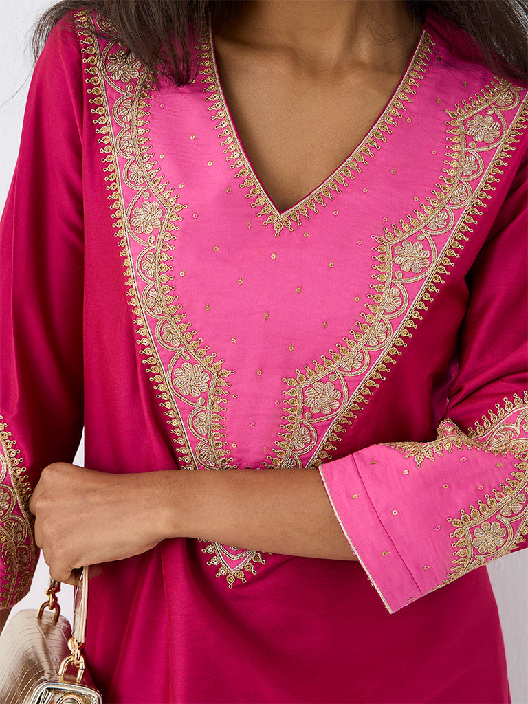 Utsa Fuchsia Zari Embroidered A-Line Kurta