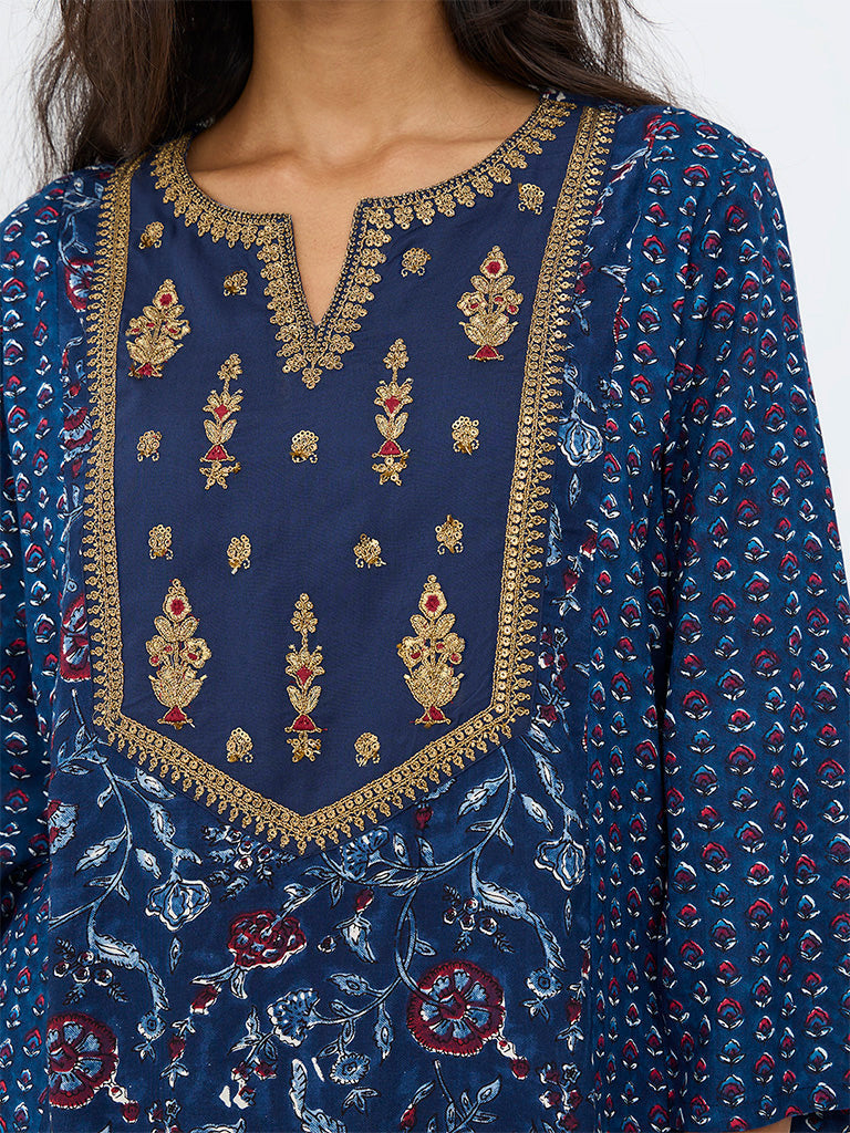 Utsa Indigo Floral Printed A-Line Kurta