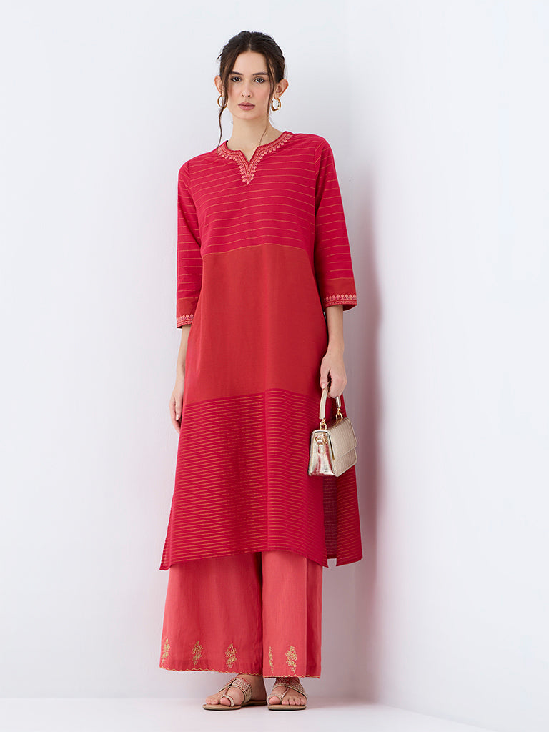 Utsa Pink Colour-Blocked Cotton A-Line Kurta