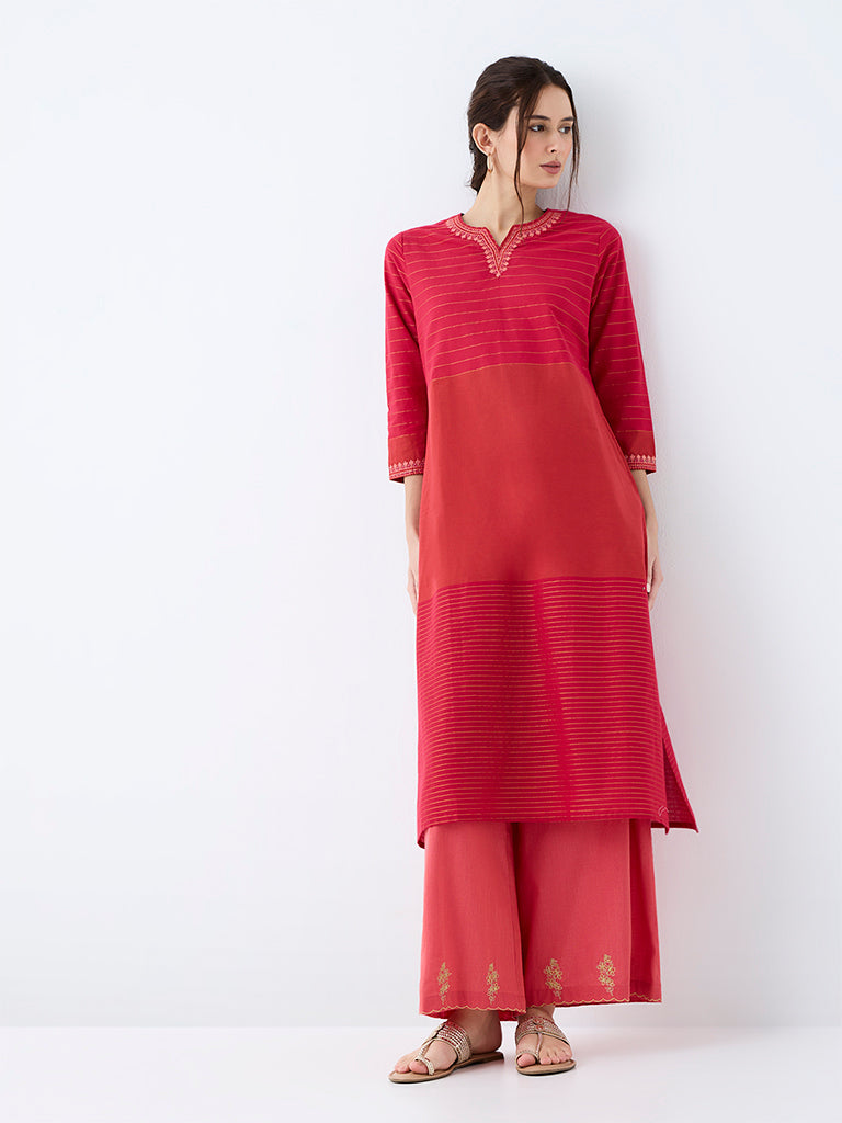 Utsa Pink Colour-Blocked Cotton A-Line Kurta