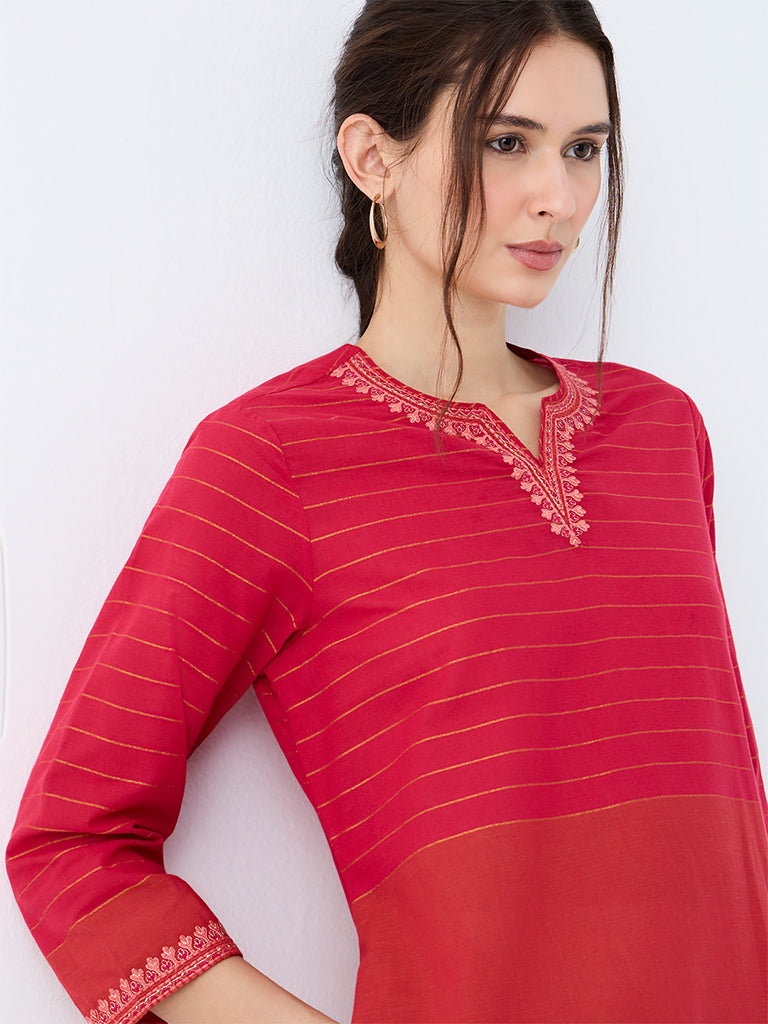 Utsa Pink Colour-Blocked Cotton A-Line Kurta