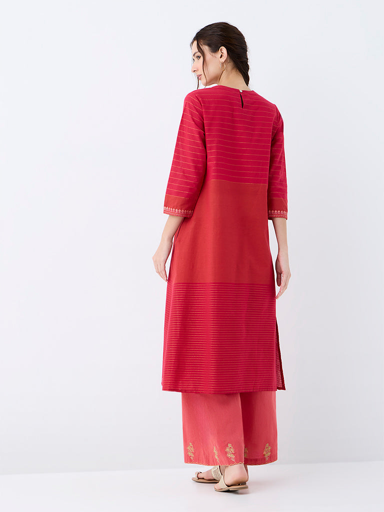 Utsa Pink Colour-Blocked Cotton A-Line Kurta