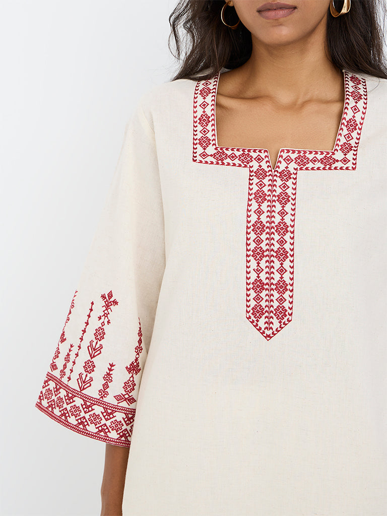 Utsa Off-White Embroidered Cotton-Blend Kurti