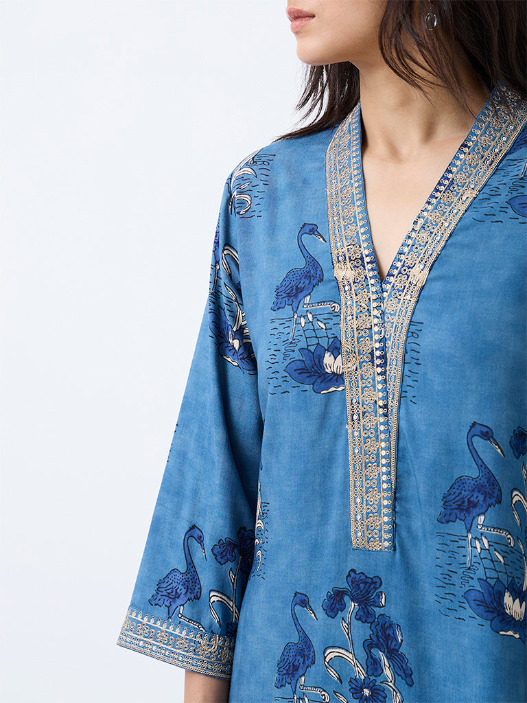 Utsa Blue Bird Printed A-Line Kurta