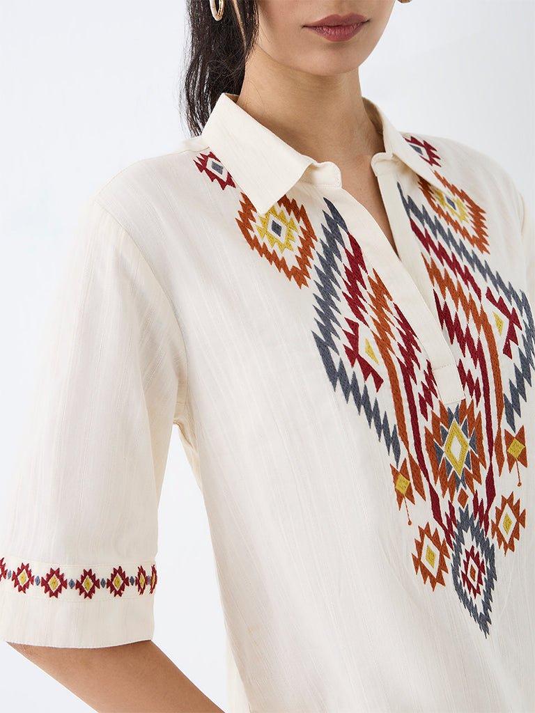 Utsa Off-White Geometric Embroidered Cotton Tunic
