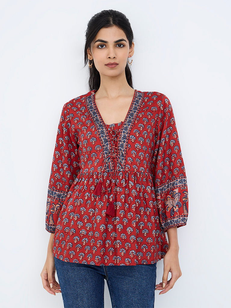 Utsa Red Floral Printed Tie-Up Detail Tunic