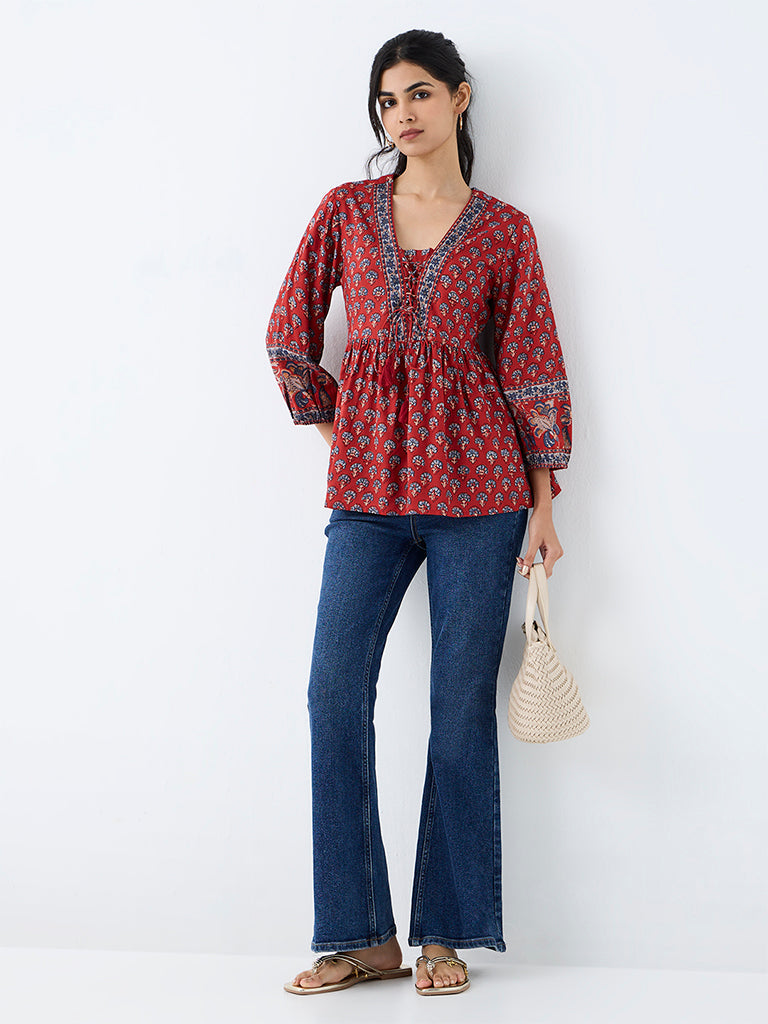 Utsa Red Floral Printed Tie-Up Detail Tunic