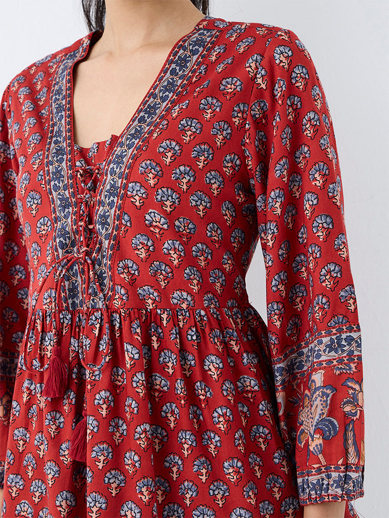 Utsa Red Floral Printed Tie-Up Detail Tunic