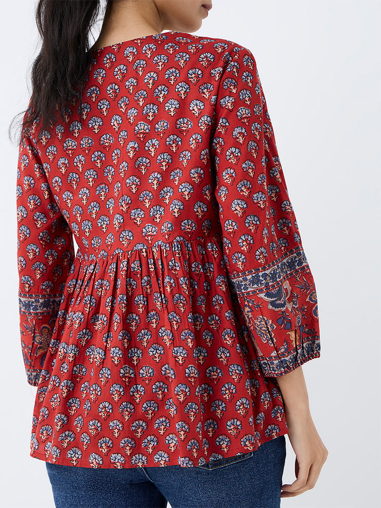 Utsa Red Floral Printed Tie-Up Detail Tunic