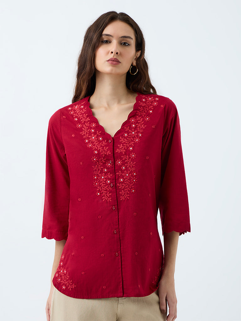 Utsa Red Floral Embroidered Cotton Tunic