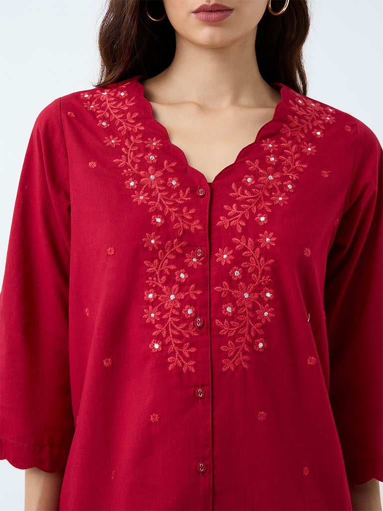 Utsa Red Floral Embroidered Cotton Tunic