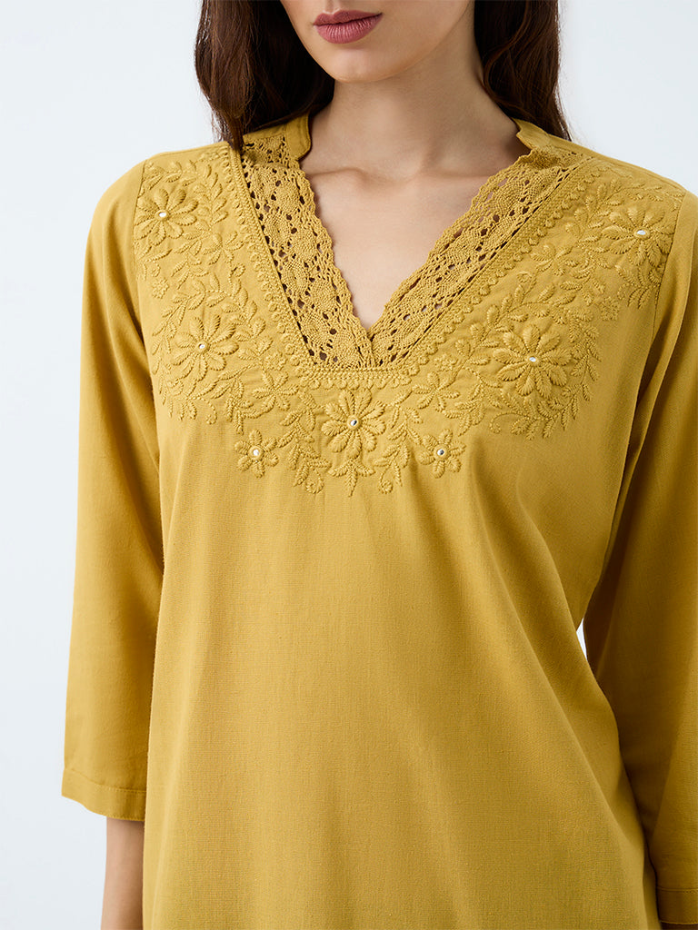 Utsa Light Mustard Floral Embroidered Cotton-Blend Kurti
