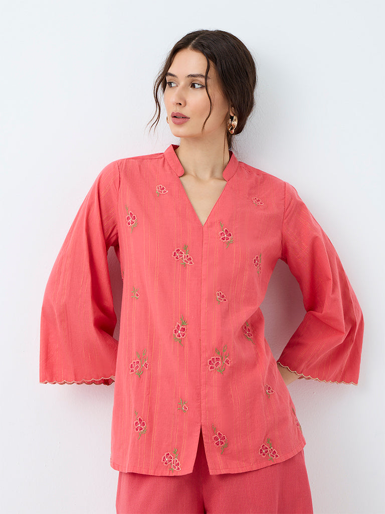 Utsa Coral Floral Embroidered Cotton Tunic