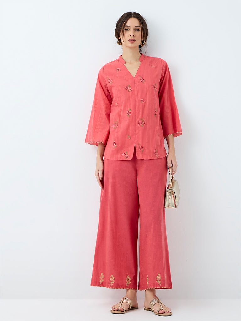 Utsa Coral Floral Embroidered Cotton Tunic