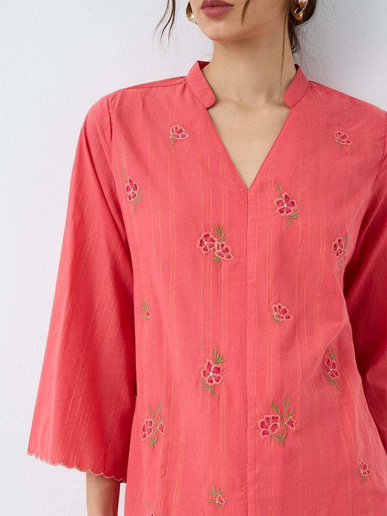Utsa Coral Floral Embroidered Cotton Tunic