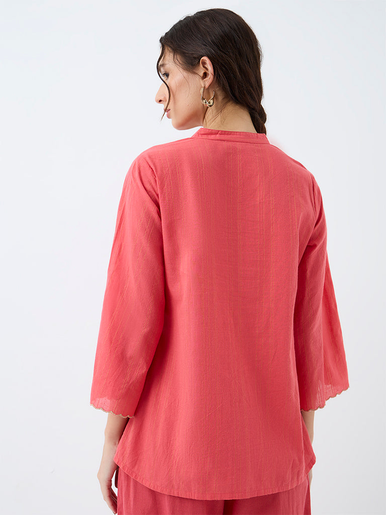 Utsa Coral Floral Embroidered Cotton Tunic