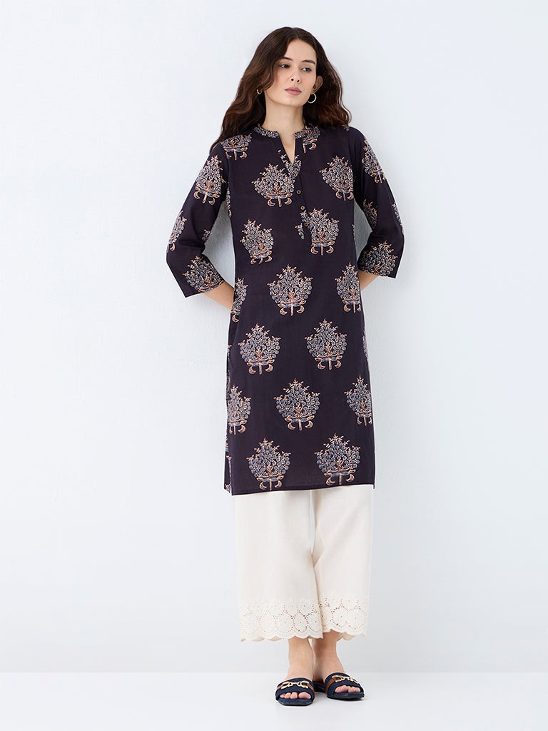 Utsa Black Floral Printed Cotton Straight Kurta