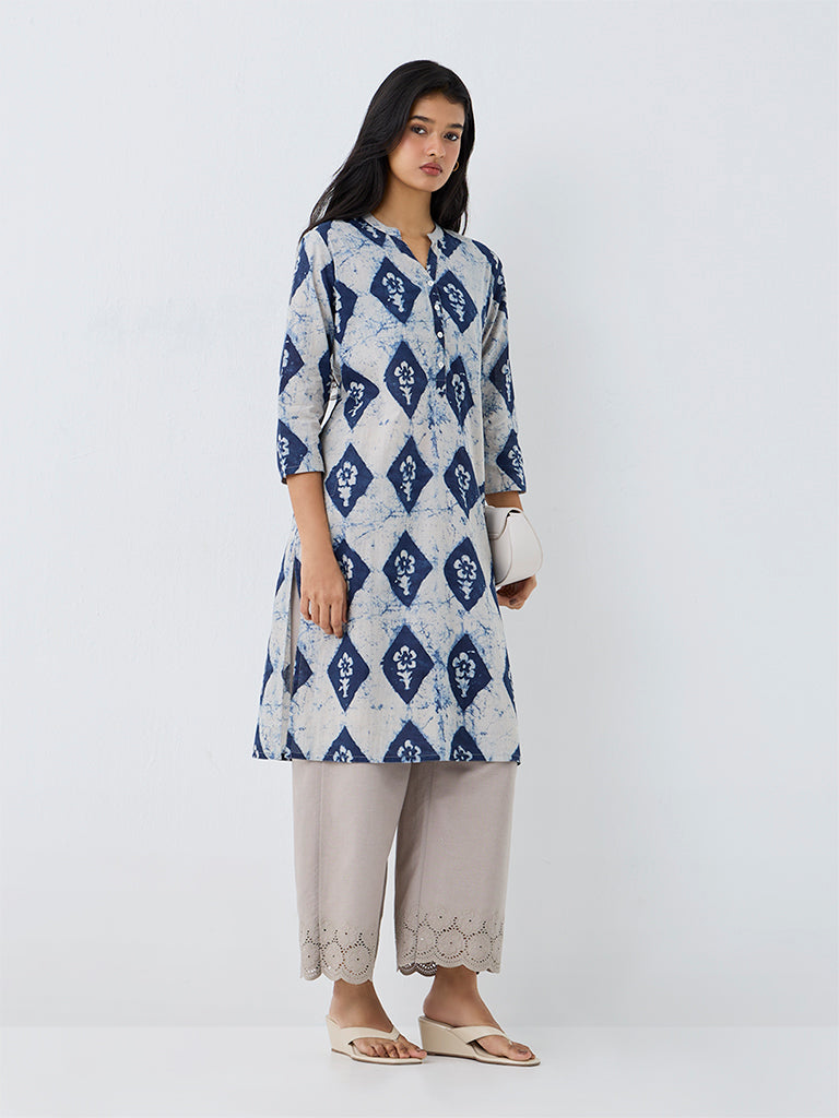 Utsa Indigo Floral Pattern Cotton Straight Kurta