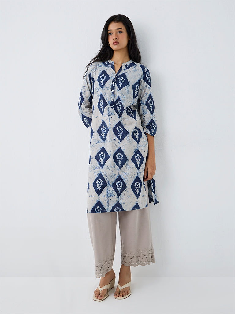 Utsa Indigo Floral Pattern Cotton Straight Kurta
