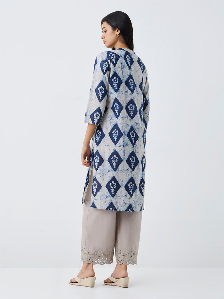 Utsa Indigo Floral Pattern Cotton Straight Kurta