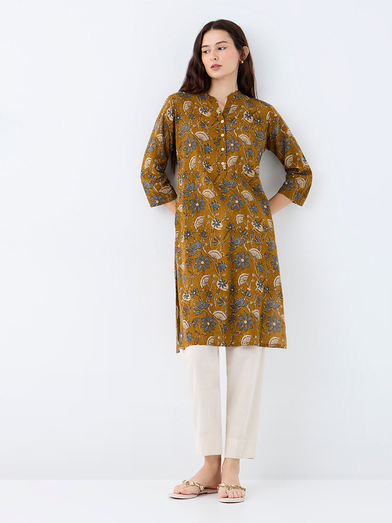 Utsa Mustard Floral Printed Cotton Straight-Fit Kurta
