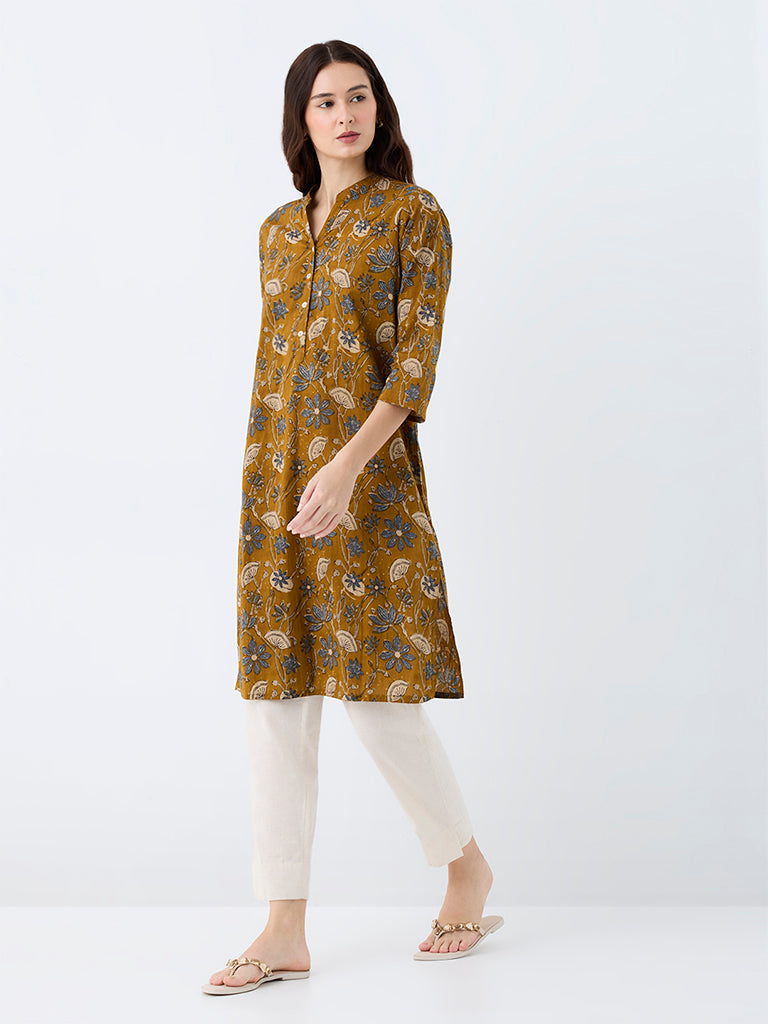 Utsa Mustard Floral Printed Cotton Straight-Fit Kurta