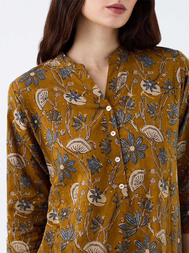 Utsa Mustard Floral Printed Cotton Straight-Fit Kurta