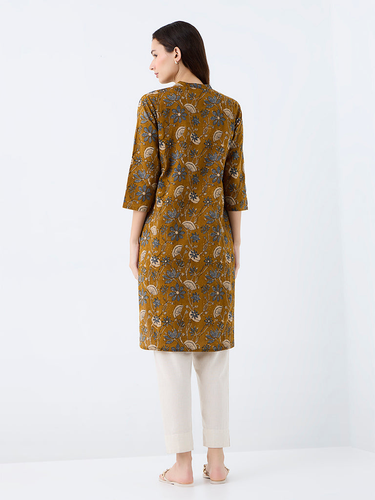 Utsa Mustard Floral Printed Cotton Straight-Fit Kurta
