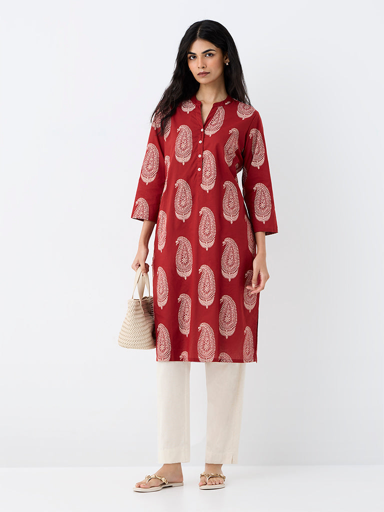 Utsa Red Paisley Printed Cotton Straight Kurta