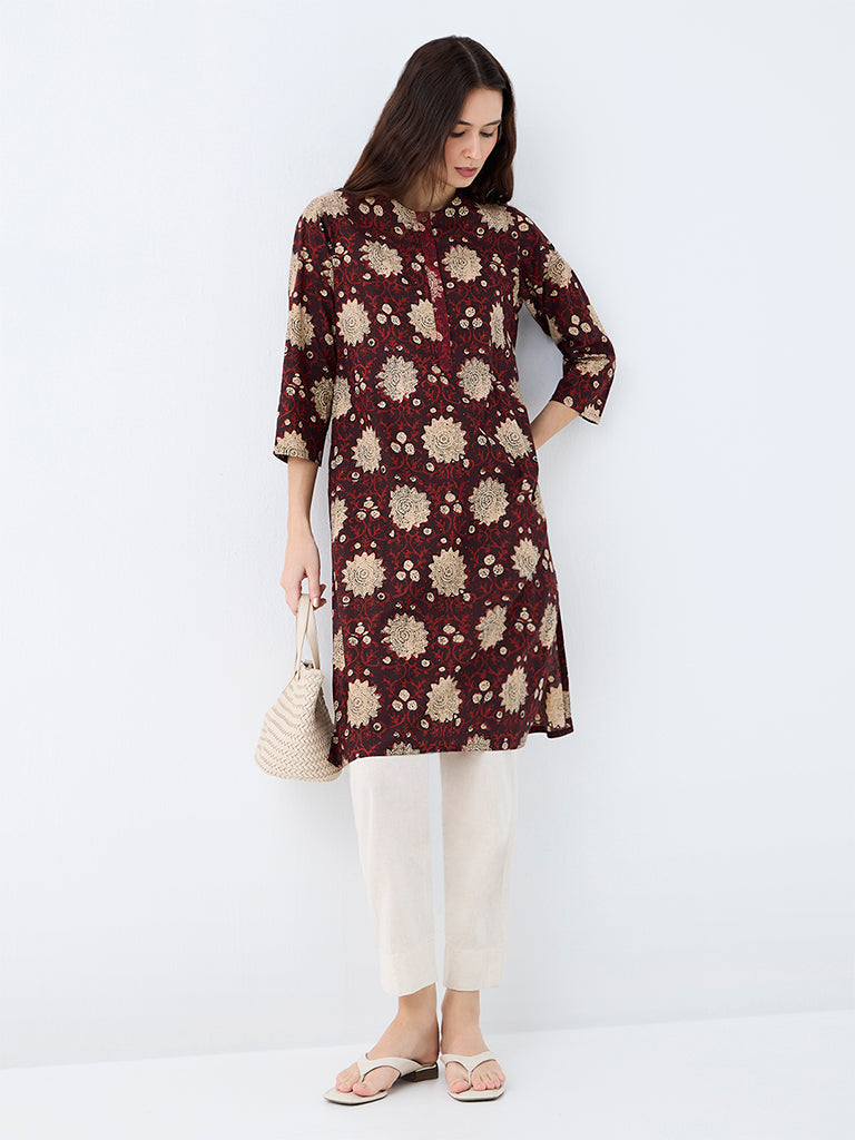 Utsa Dark Brown Floral Printed Cotton Straight Kurta